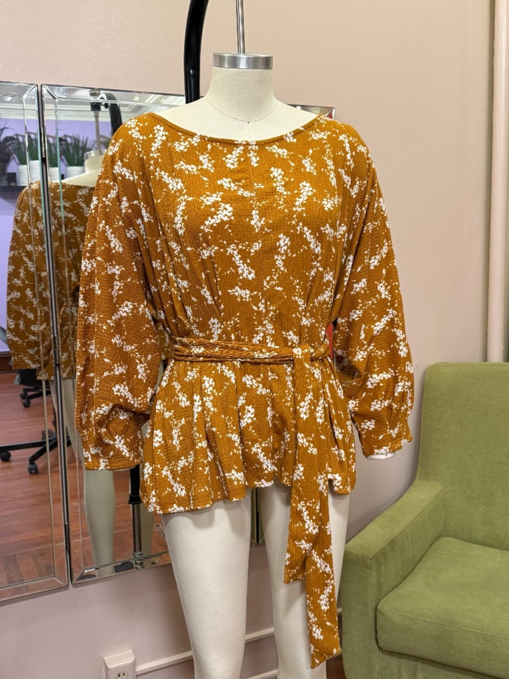 Anthropologie Belted Peplum Blouse, Rust Caramel Brown, Pleated, Size Large